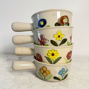 Vintage Ceramic Mod Floral Handled Lug/Chowder Bowls/Serving Bowls Hand Painted